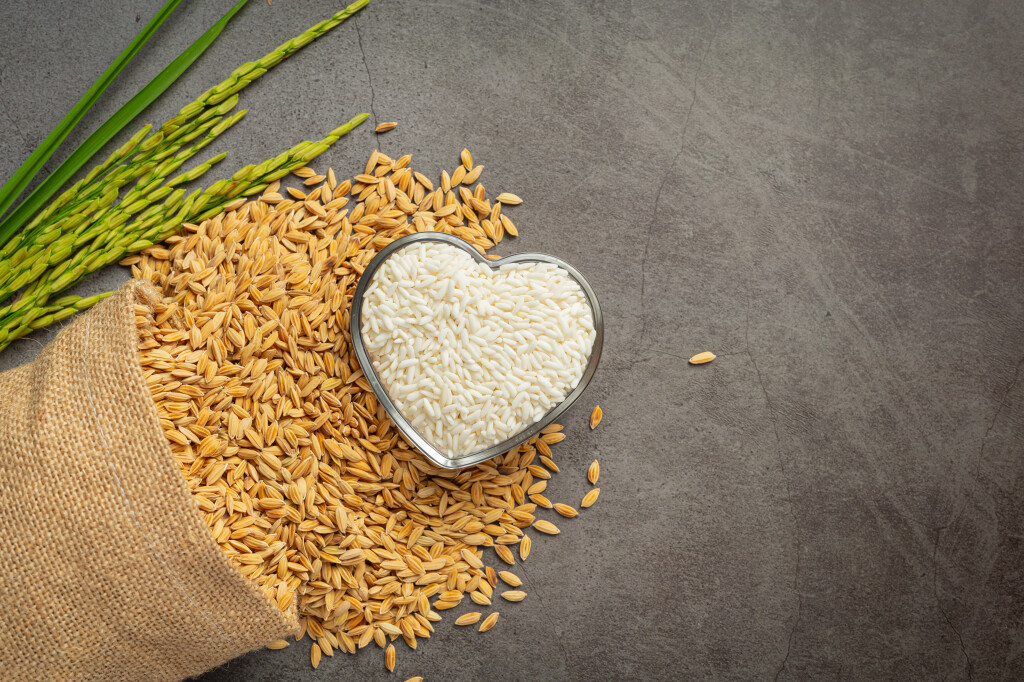 a sack of rice seed with white rice on small glass bowl and rice